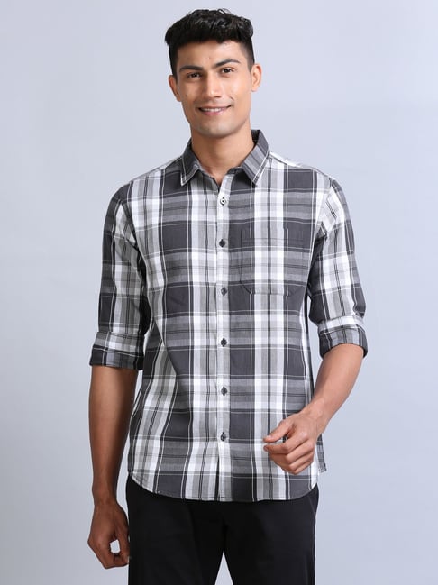 Bushirt Charcoal Grey Regular Fit Check Cotton Shirt-picture-45