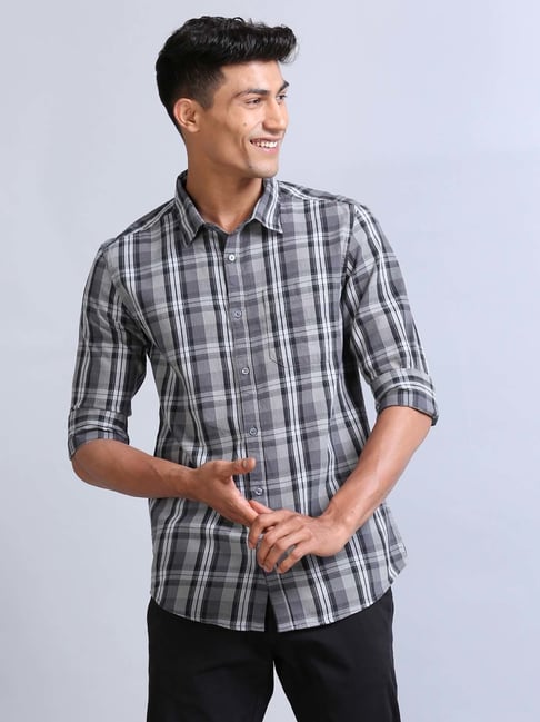 Bushirt Ash Grey Regular Fit Check Cotton Shirt-picture-39
