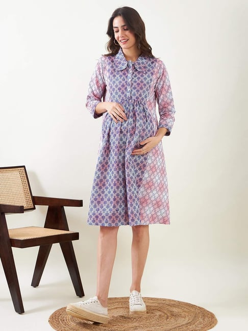 The Kaftan Company Pink Blue Cotton Self Pattern Maternity Dress