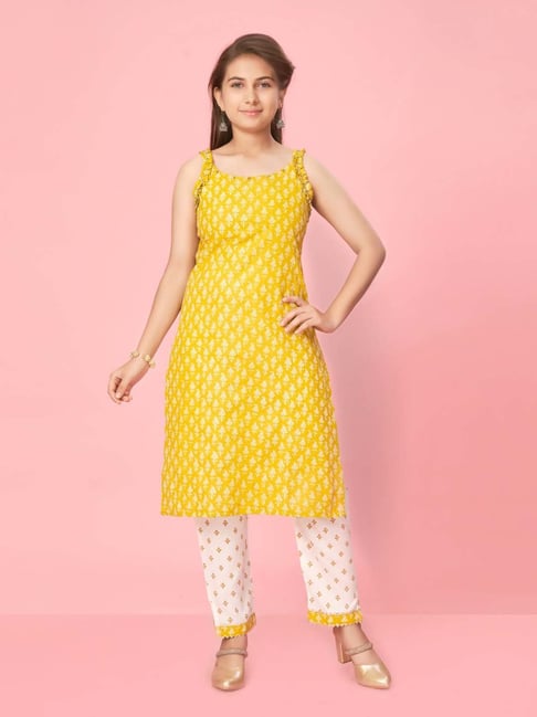 Aarika Kids Yellow White Cotton Printed Kurti