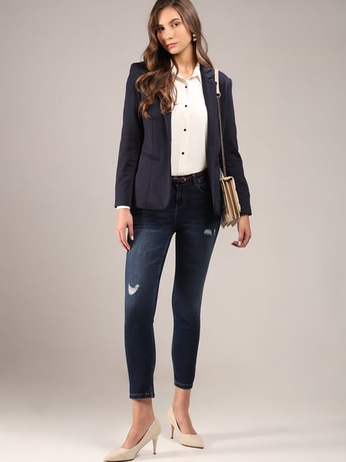 Vero Moda Dark Blue Cotton Distressed Regular Fit Mid Rise Jeans-picture-14