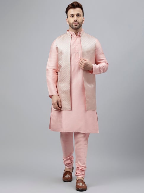 Pink Long Jacket Set with Plain Kurta and Pant in Thread Work | Shreeman