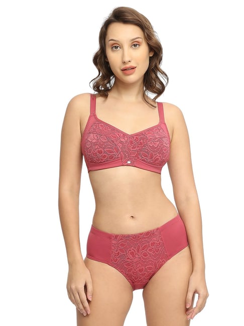 Soie Pink Self Design Non-Wired Non-Padded Bra & Panty Set