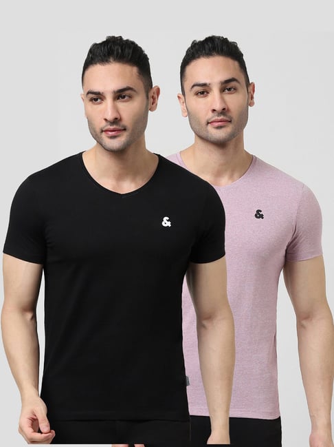 Buy Jack & Jones Black & Pink Cotton V-Neck T-Shirt - Pack of 2