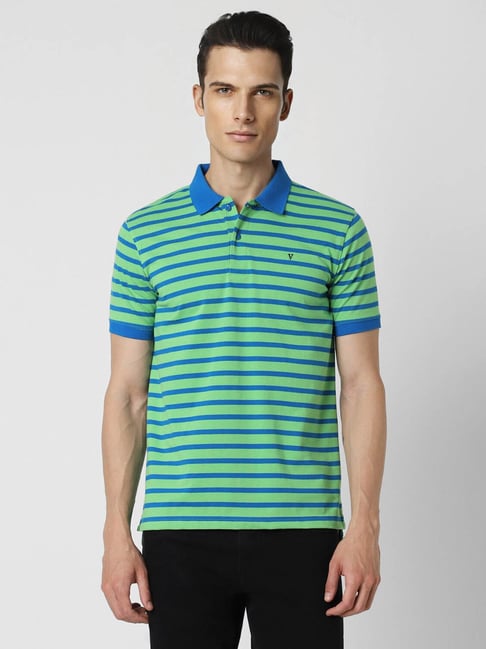Buy Van Heusen Green Regular Fit Striped Polo T-Shirt for Mens
