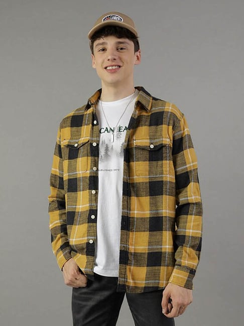 American Eagle Yellow Cotton Regular Fit Checks Shirt