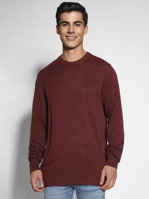 American Eagle Maroon Regular Fit Self Pattern Sweater