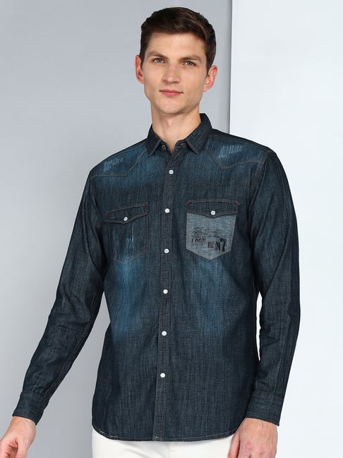 Kuons Avenue Dark Indigo Slim Fit Distressed Denim Shirt
