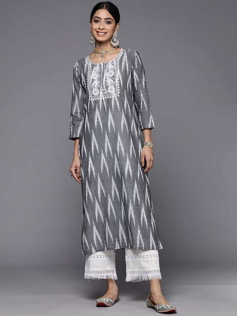 Varanga Grey Cotton Printed Straight Kurta-picture-14
