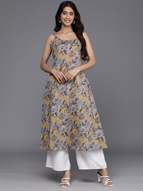 Varanga Grey Cotton Floral Print Anarkali Kurta-image-6