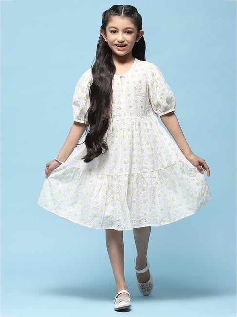 BIBA Girls White Self Design Dress