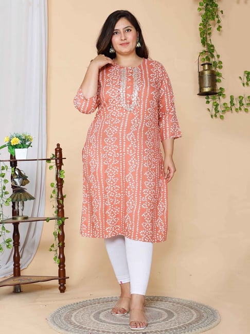 Miravan Peach Bandhani Print Plus Size A Line Kurta-picture-15