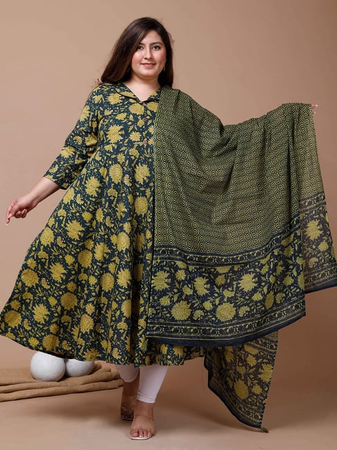 Miravan Green Floral Print Plus Size Anarkali Kurta With Dupatta-picture-14