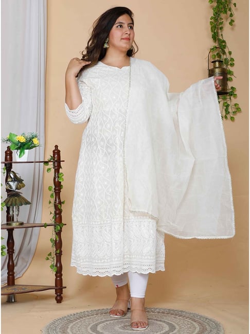 Miravan White Embroidered Plus Size Anarkali Kurta With Dupatta-picture-12