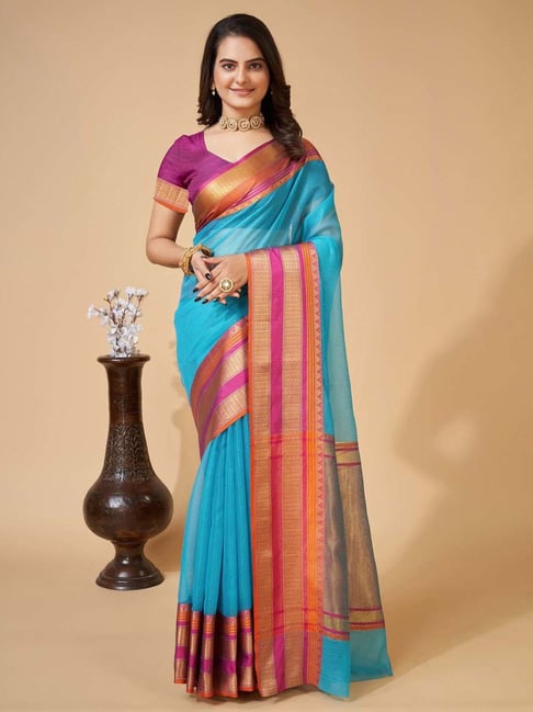 Anjaneya Sarees Blue Cotton Woven Saree With Unstitched Blouse-picture-25