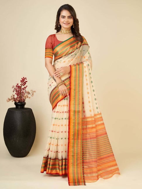 Anjaneya Sarees Cream Cotton Woven Saree With Unstitched Blouse-picture-39