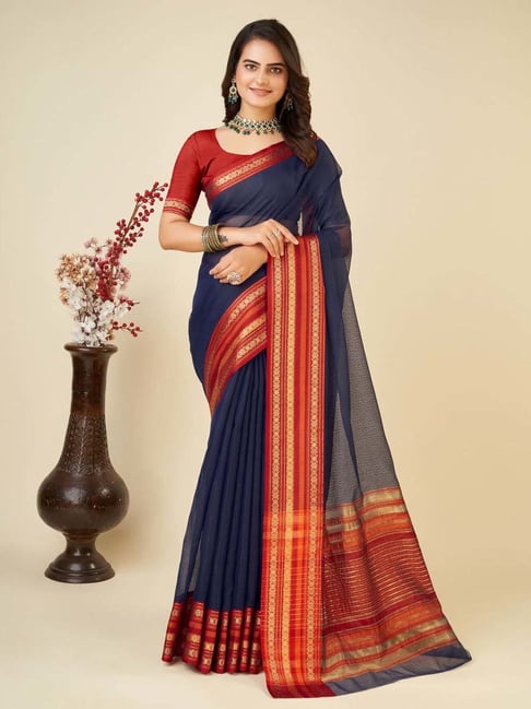 Anjaneya Sarees Navy Cotton Woven Saree With Unstitched Blouse-picture-29