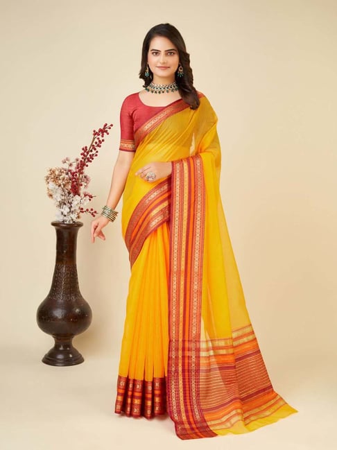 Anjaneya Sarees Yellow Cotton Woven Saree With Unstitched Blouse-picture-15