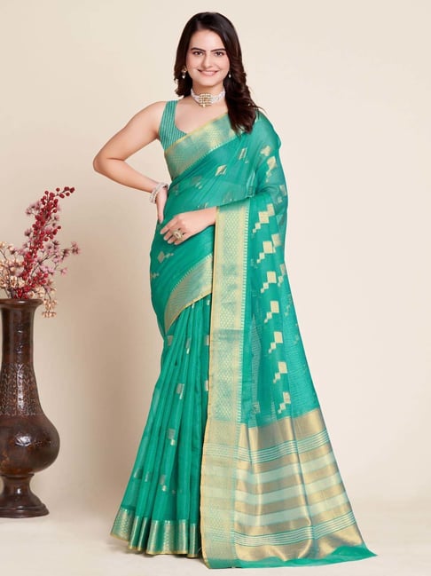 Anjaneya Sarees Teal Blue Cotton Woven Saree With Unstitched Blouse-picture-27