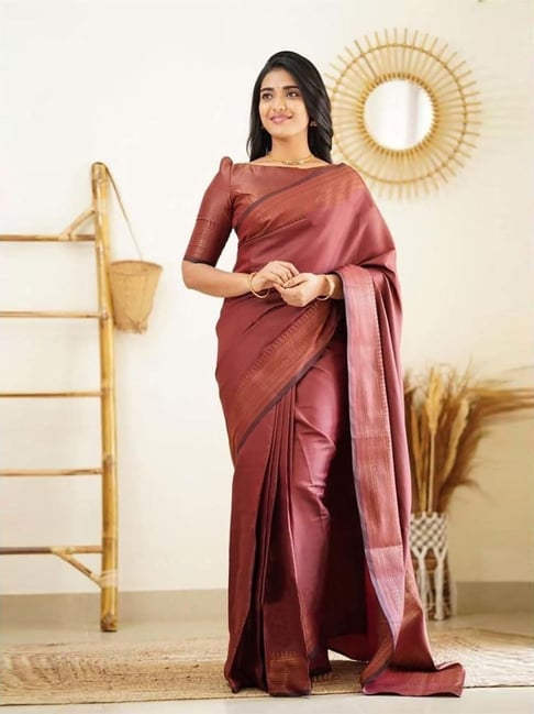 Anjaneya Sarees Maroon Silk Woven Saree With Unstitched Blouse-picture-12