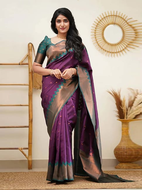 Anjaneya Sarees Purple Silk Woven Saree With Unstitched Blouse-picture-37