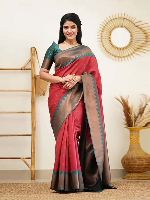 Anjaneya Sarees Red Silk Woven Saree With Unstitched Blouse-picture-27