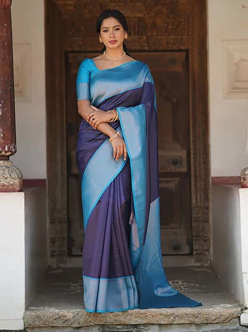 Anjaneya Sarees Blue Silk Woven Saree With Unstitched Blouse-picture-34