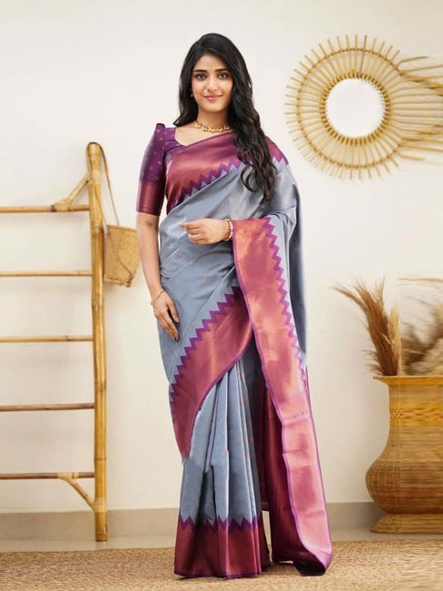 Anjaneya Sarees Grey Silk Woven Saree With Unstitched Blouse-picture-17