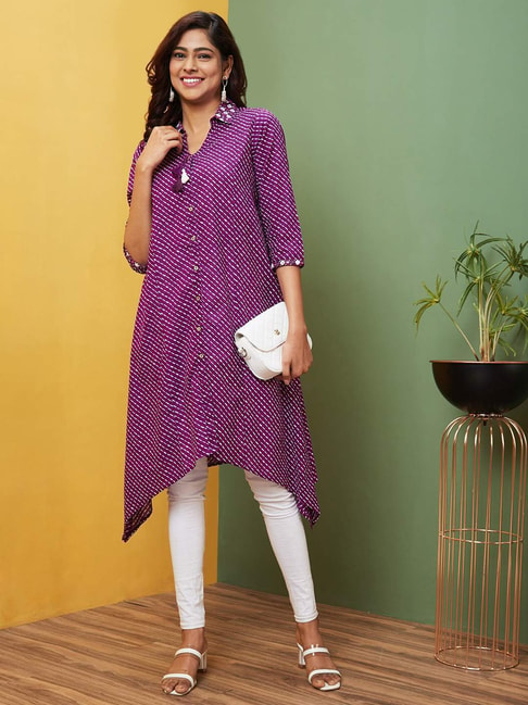 Abstract Printed Wooden Buttoned High-Low Hem Mul-Cotton Kurta with Pa –  FASHOR