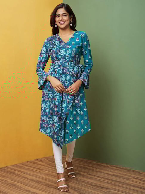Globus Blue Cotton Floral Print High Low Kurta-picture-33