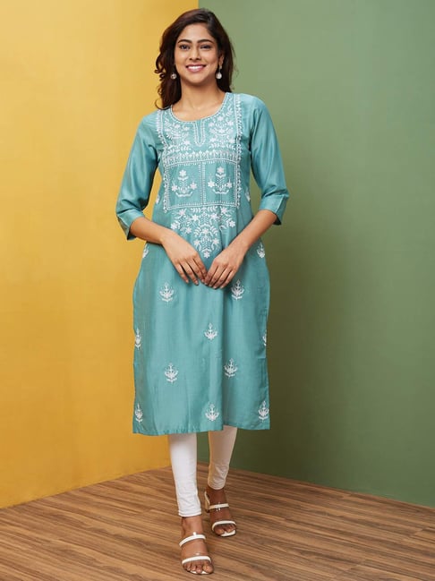 Globus Turquoise Embroidered Straight Kurta-picture-10