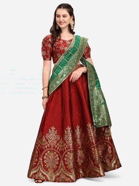 PURVAJA Maroon Printed Stitched Lehenga & Unstitched Blouse With Dupatta-picture-21