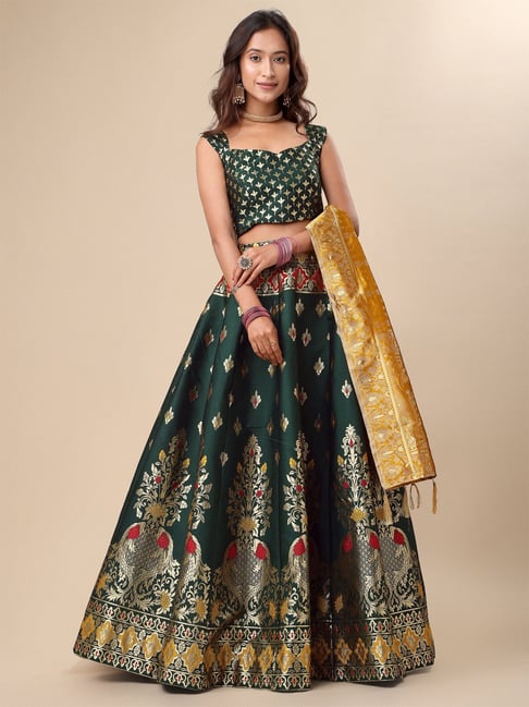Dark Green Embellished Tiered Lehenga Set With Contrast Blouse And Dupatta  - Hijab Online