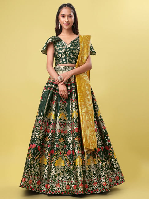 Yellow Lehenga Set With Turquoise Dupatta – Naaz By Noor