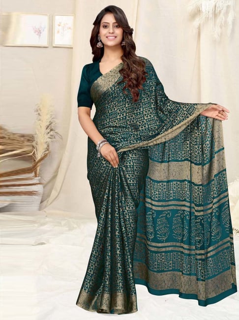 MIRCHI FASHION Teal Green Printed Saree With Unstitched Blouse