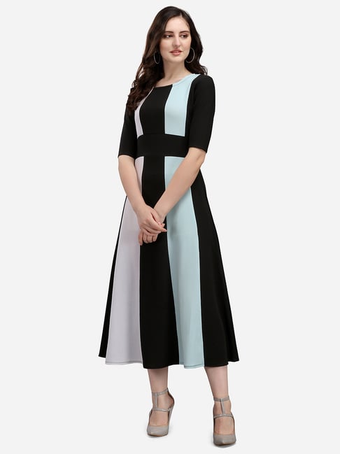 PURVAJA Black Knitted Color-Block Midi Dress