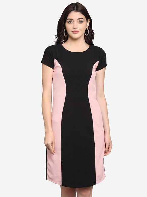 PURVAJA Peach & Black Knitted Color-Block A Line Dress-picture-45