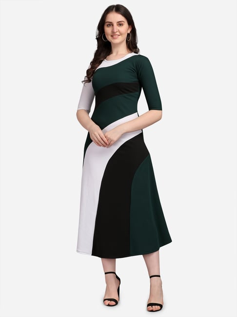 PURVAJA Green & Black Knitted Color-Block Midi Dress-picture-48
