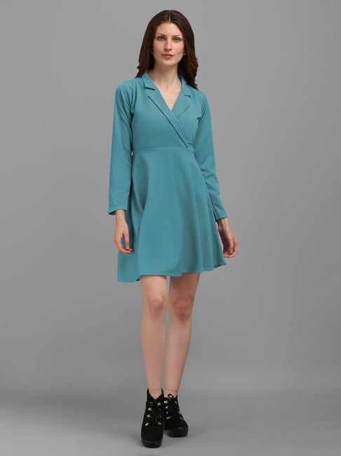 PURVAJA Turquoise Knitted Slim Fit A Line Dress-picture-12