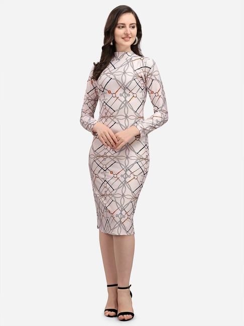 PURVAJA Beige Knitted Printed Bodycon Dress-picture-14