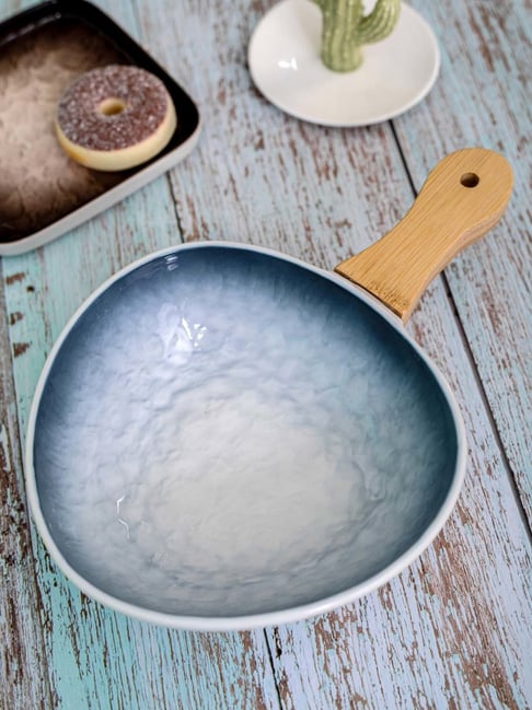 White Gold White & Blue Porcelain Serving Bowl With Wooden Handle-picture-19