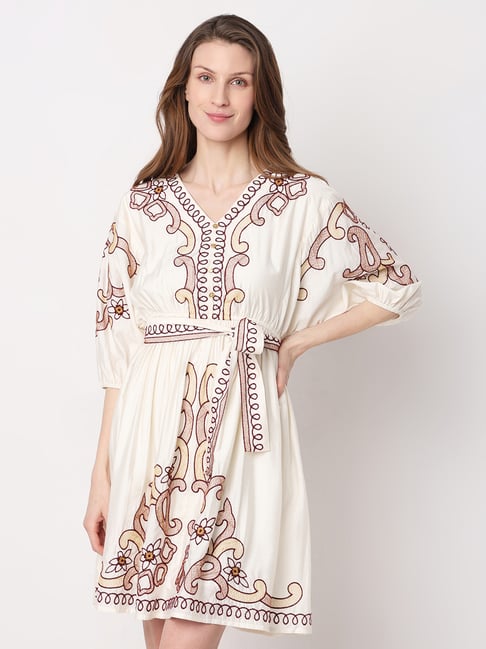 slim fit dress slacks Women Embroidered Fit & Flare Dress M / White