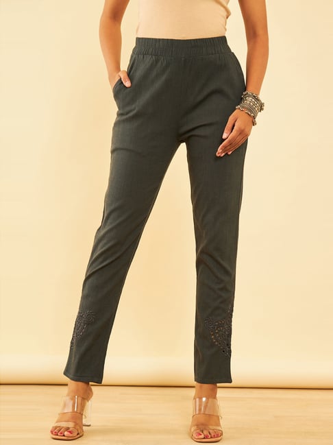 Women Black Cotton Embroidered Ankle Length Regular Fit Pants
