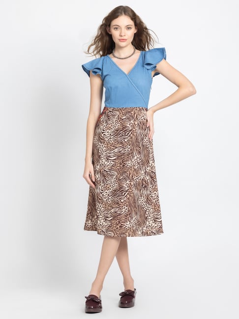 blue and brown midi dress Blue/Brown Spaghetti Strap Midi Dress