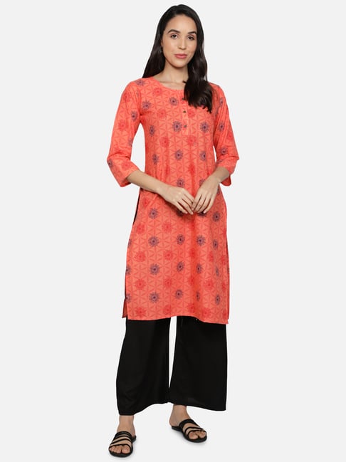 Fabclub Peach Cotton Printed Straight Kurta-picture-20