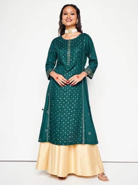 Global Desi Green Printed A Line Kurta
