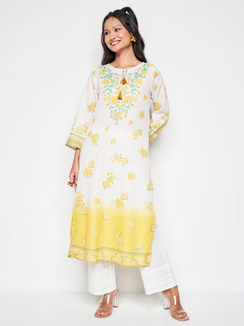 Global Desi Off White Printed Straight Kurta