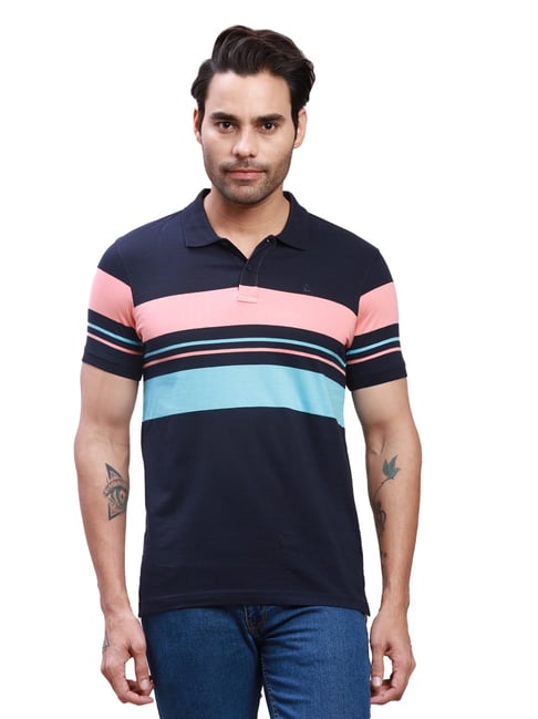 Parx Dark Blue Cotton Regular Fit Colour Block Polo T-Shirt-picture-37