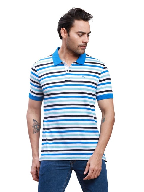 Parx Cyan Blue Cotton Regular Fit Striped Polo T-Shirt-picture-38