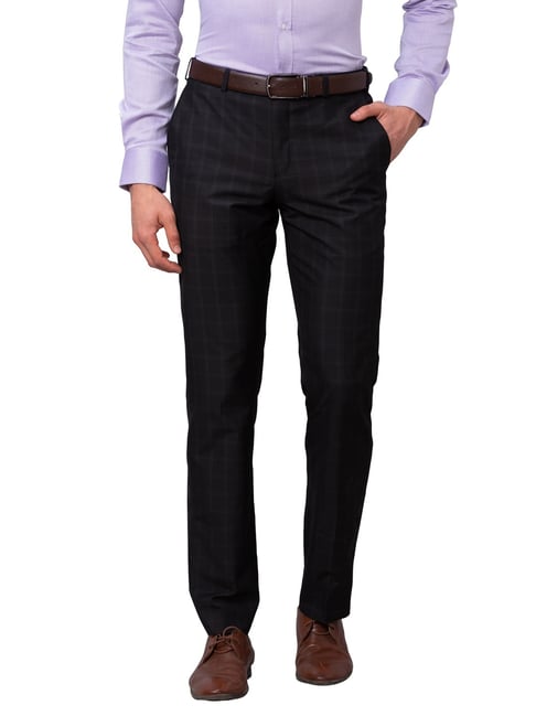 Park Avenue Black Smart Fit Checks Trousers-image-11